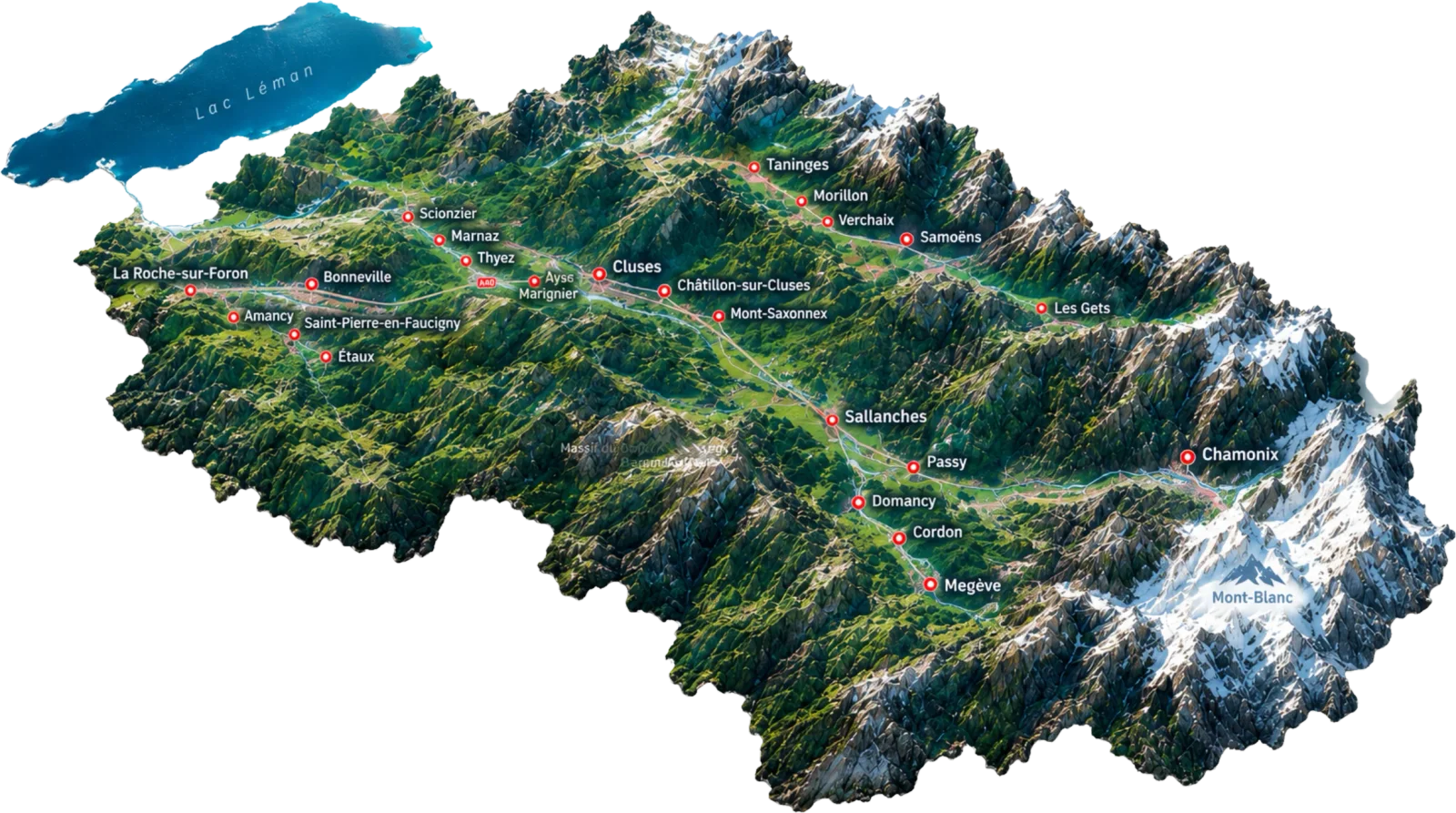 Carte des 25 communes desservies par Propelys Nettoyage autour de Cluses : vallée de l’Arve, Faucigny, Haut-Giffre, Sallanches, Chamonix, Megève et Mont-Blanc